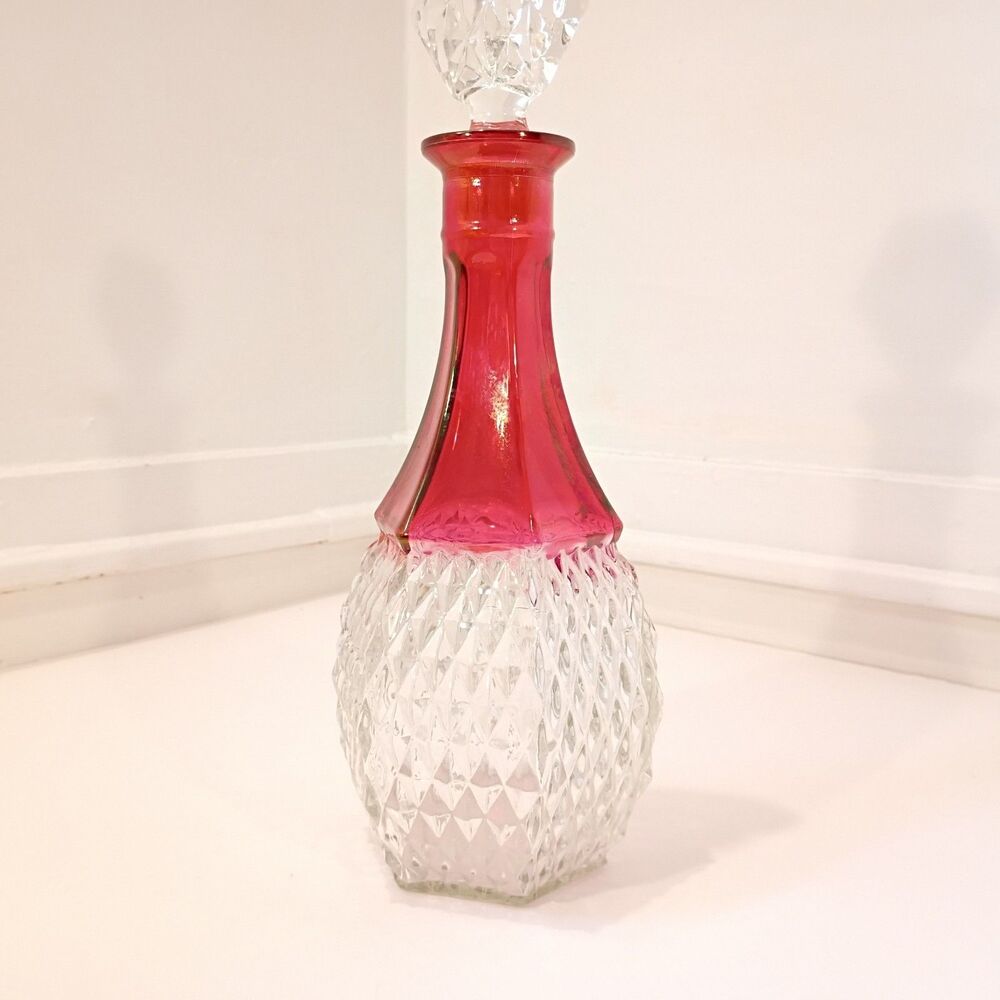 Ruby Crystal Diamond Point Decanter With Stopper Vintage Indiana Glass Company